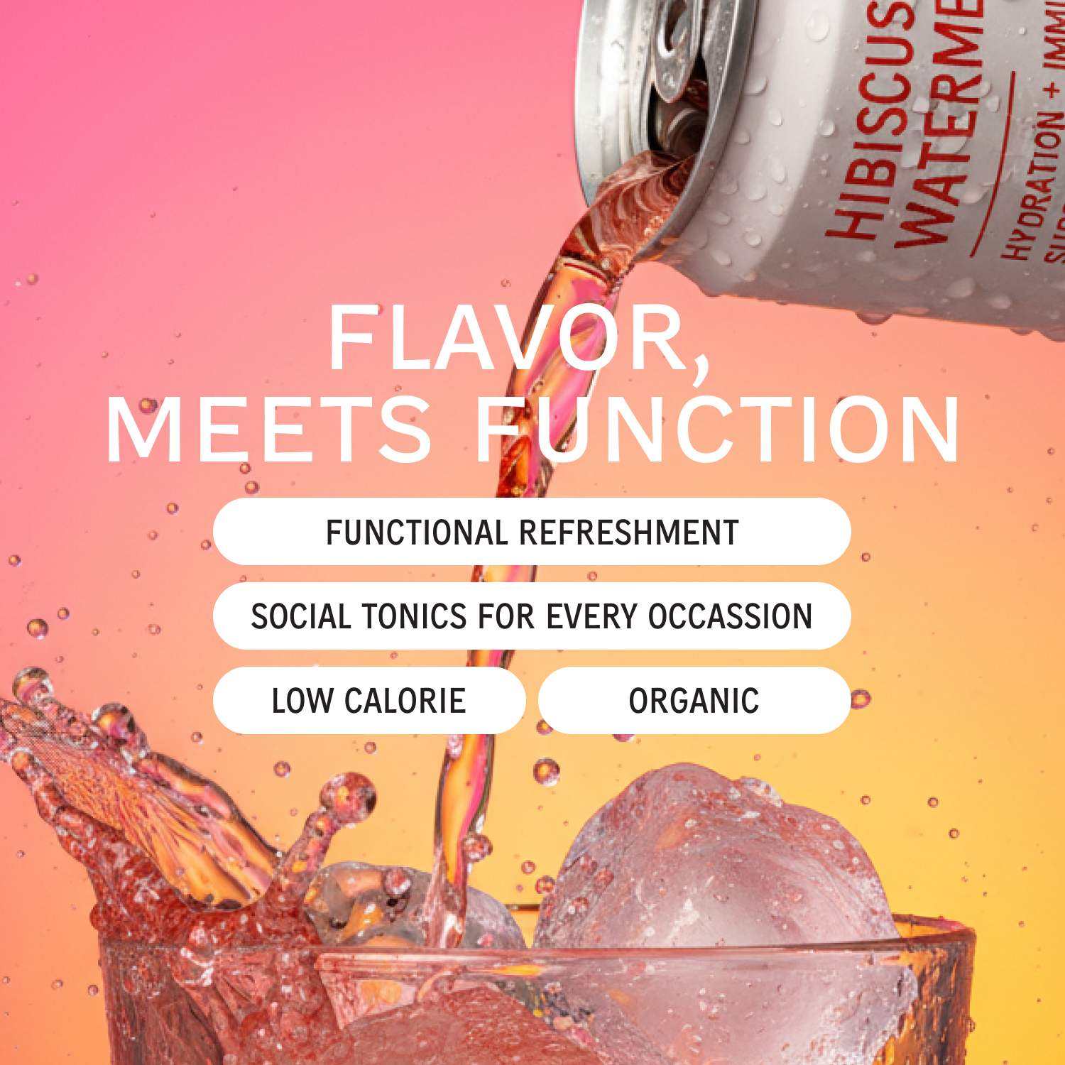 Hibiscus water being poured into a glass with promotional text