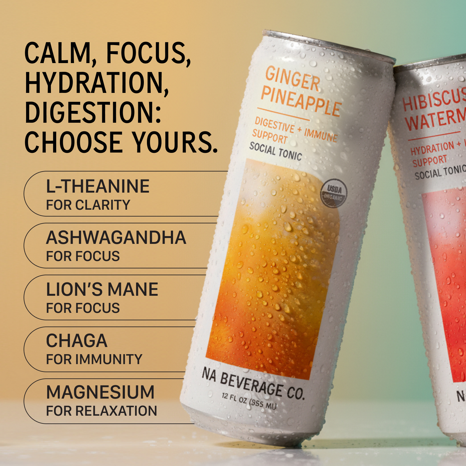 Two cans of NA Beverage Co. tonics with text highlighting health benefits