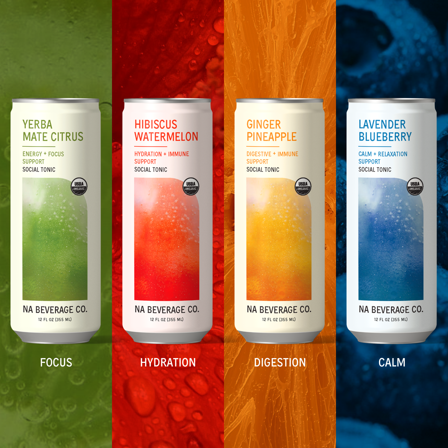 Highlights the four different flavors of NA Beverage Co tonics